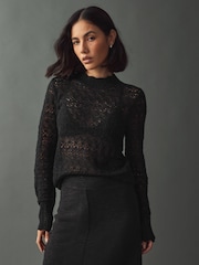 Black Lace Pointelle Stitch Long Sleeve Top with Wool - Image 1 of 7