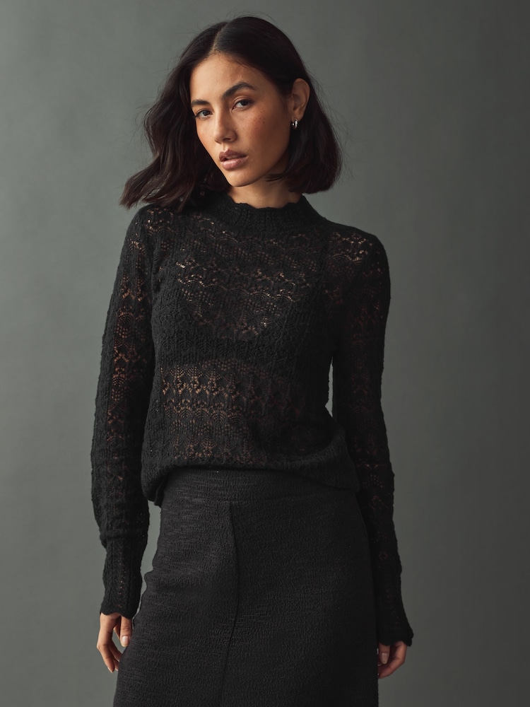 Black Lace Pointelle Stitch Long Sleeve Top with Wool - Image 1 of 7 Black Lace Pointelle Stitch Long Sleeve Top with Wool - Image 1 of 7
