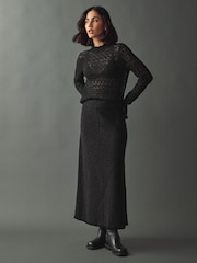 Black Lace Pointelle Stitch Long Sleeve Top with Wool - Image 2 of 7