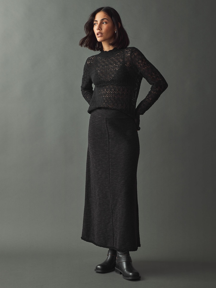 Black Lace Pointelle Stitch Long Sleeve Top with Wool - Image 2 of 7