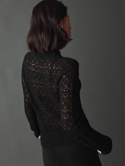 Black Lace Pointelle Stitch Long Sleeve Top with Wool - Image 3 of 7