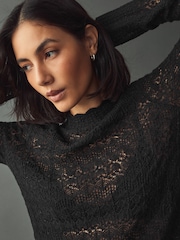 Black Lace Pointelle Stitch Long Sleeve Top with Wool - Image 4 of 7