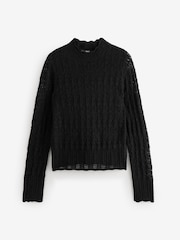 Black Lace Pointelle Stitch Long Sleeve Top with Wool - Image 5 of 7