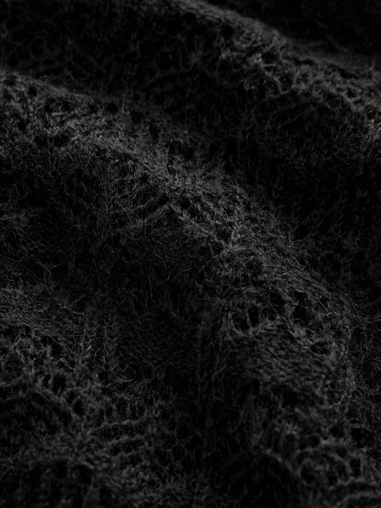 Black Lace Pointelle Stitch Long Sleeve Top with Wool - Image 7 of 7