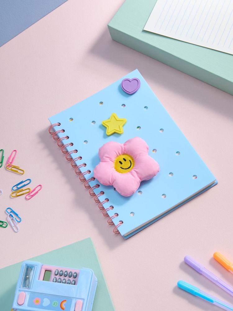 Blue/Pink Flower Power A5 Lined Notebook with Front Cover Charms - Image 1 of 4