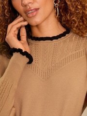 Love & Roses Camel Cable Stitch Fine Gauge Frill Neck Knitted Jumper - Image 2 of 4