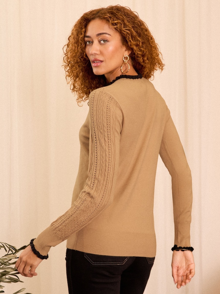 Love & Roses Camel Cable Stitch Fine Gauge Frill Neck Knitted Jumper - Image 4 of 4