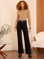 Love & Roses Camel Petite Cable Stitch Fine Gauge Frill Neck Knitted Jumper - Image 3 of 4