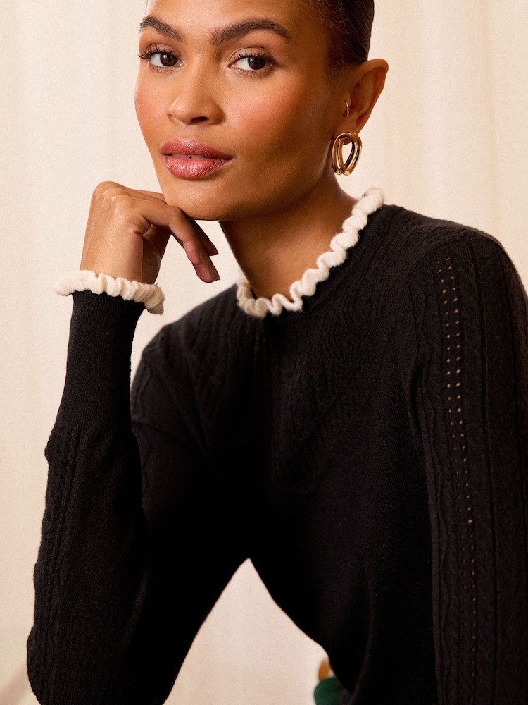 Love & Roses Black Petite Cable Stitch Fine Gauge Frill Neck Knitted Jumper - Image 2 of 4