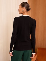 Love & Roses Black Petite Cable Stitch Fine Gauge Frill Neck Knitted Jumper - Image 4 of 4