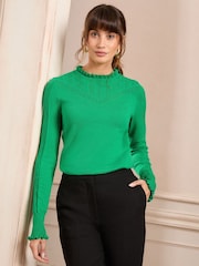 Love & Roses Green Cable Stitch Fine Gauge Frill Neck Knitted Jumper - Image 1 of 4