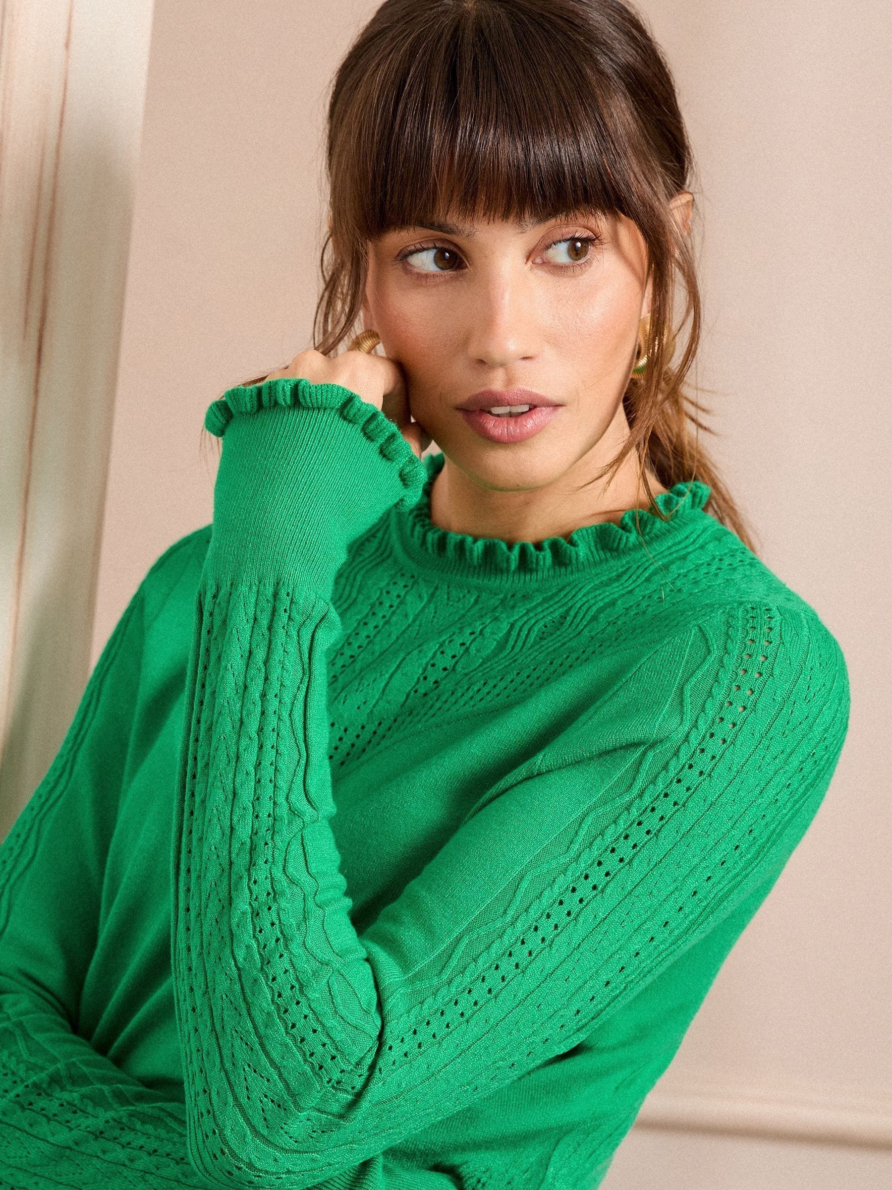 Buy Love & Roses Green Cable Stitch Fine Gauge Frill Neck