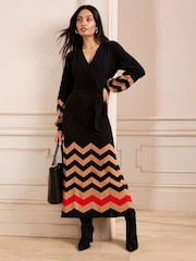 Love & Roses Black and Camel Chevron Wrap Knitted Midi Dress - Image 1 of 4