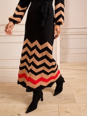 Love & Roses Black and Camel Chevron Wrap Knitted Midi Dress - Image 2 of 4