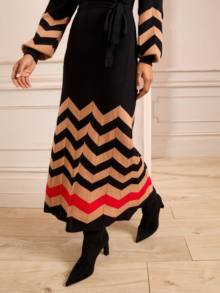 Love & Roses Black and Camel Chevron Wrap Knitted Midi Dress - Image 2 of 4
