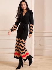 Love & Roses Black and Camel Chevron Wrap Knitted Midi Dress - Image 3 of 4