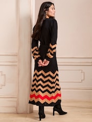 Love & Roses Black and Camel Chevron Wrap Knitted Midi Dress - Image 4 of 4