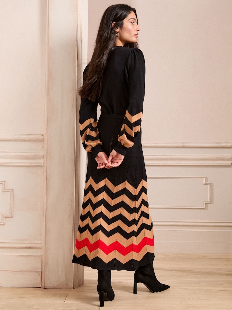 Love & Roses Black and Camel Chevron Wrap Knitted Midi Dress - Image 4 of 4