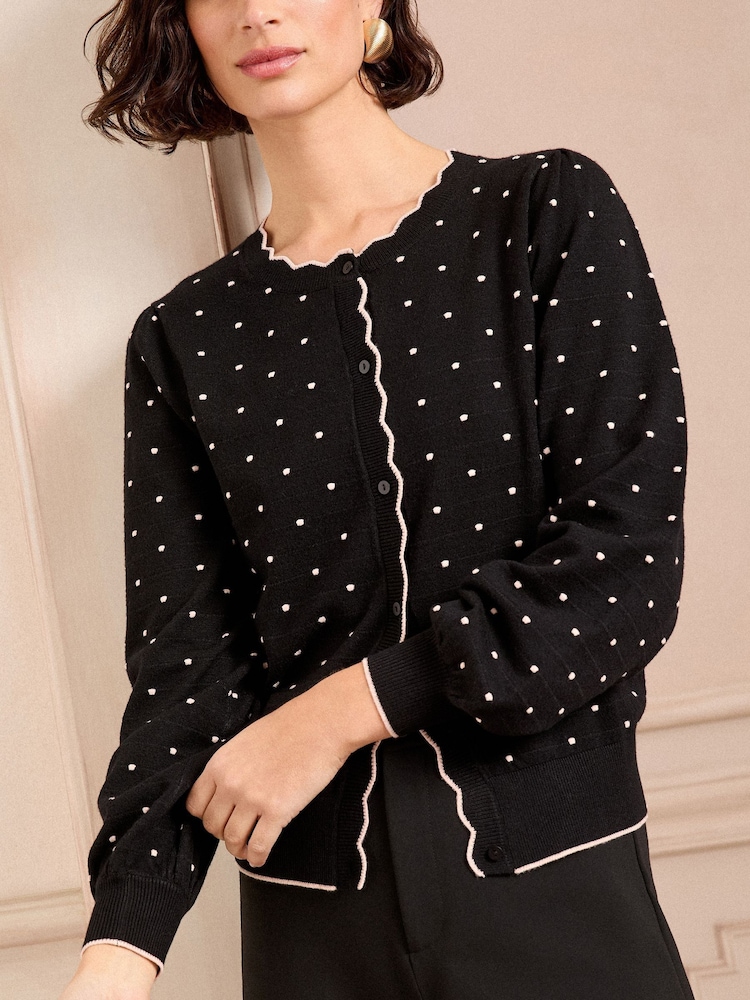 Love & Roses Black Spot Fine Gauge Scallop Edge Knitted Cardigan - Image 1 of 4