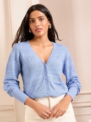 Love & Roses Blue Pointelle V-Neck 100% Cotton Cardigan - Image 1 of 4
