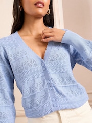 Love & Roses Blue Pointelle V-Neck 100% Cotton Cardigan - Image 2 of 4