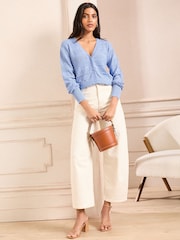 Love & Roses Blue Pointelle V-Neck 100% Cotton Cardigan - Image 3 of 4