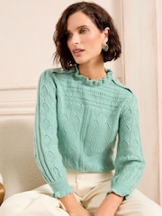 Love & Roses Green Puff Sleeve Frill Neck Pointelle knitted jumper - Image 1 of 5
