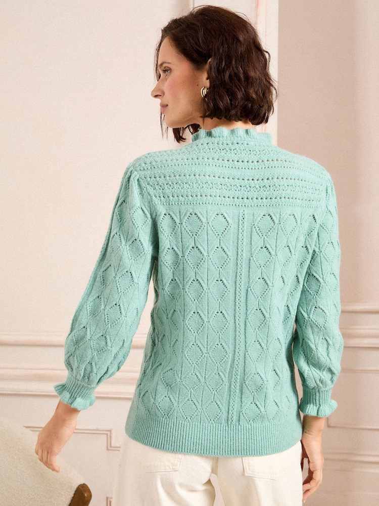 Love & Roses Green Puff Sleeve Frill Neck Pointelle knitted jumper - Image 2 of 5
