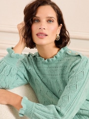 Love & Roses Green Puff Sleeve Frill Neck Pointelle knitted jumper - Image 3 of 5