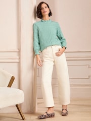 Love & Roses Green Puff Sleeve Frill Neck Pointelle knitted jumper - Image 4 of 5
