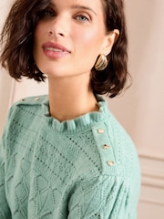 Love & Roses Green Puff Sleeve Frill Neck Pointelle knitted jumper - Image 5 of 5