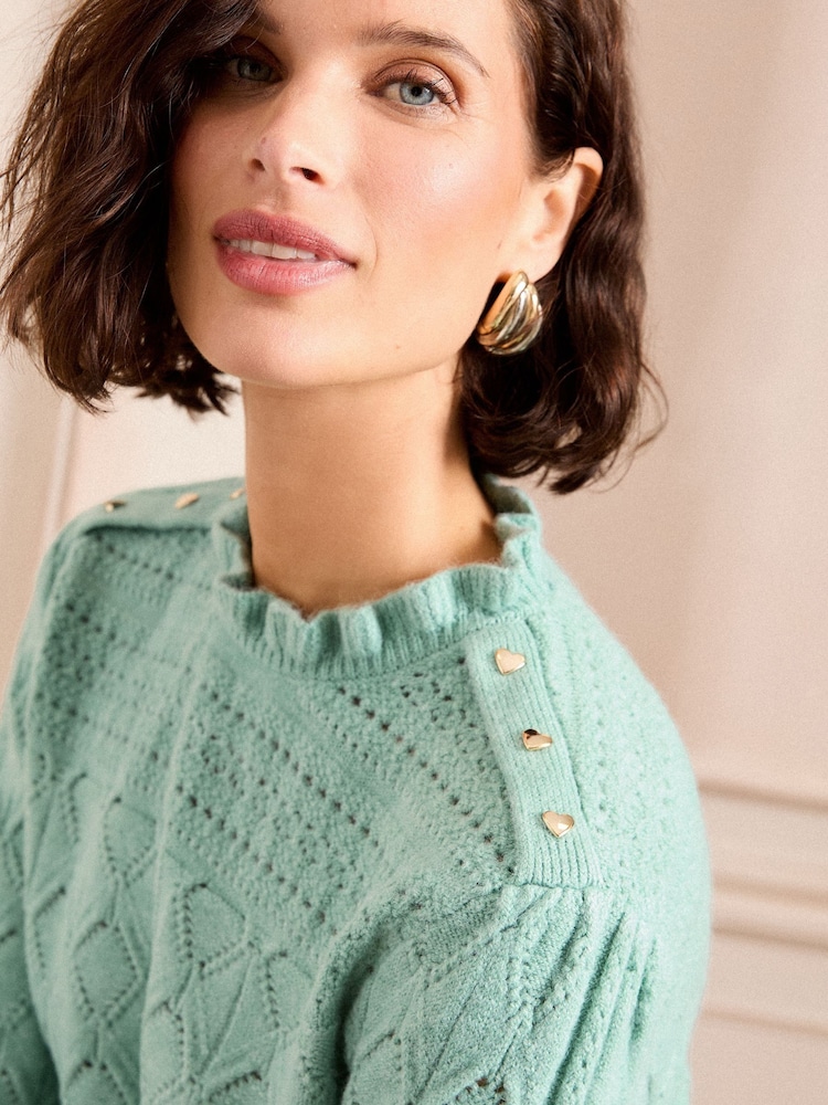 Love & Roses Green Puff Sleeve Frill Neck Pointelle knitted jumper - Image 5 of 5