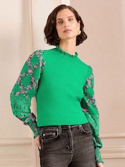 Love & Roses Green Floral Woven Sleeve Frill Neck Finge Gauge Knitted Jumper - Image 1 of 4