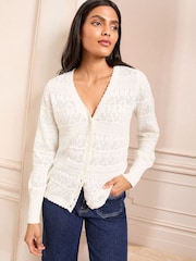 Love & Roses Ivory Pointelle V-Neck 100% Cotton Cardigan - Image 1 of 5