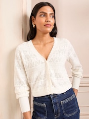 Love & Roses Ivory Pointelle V-Neck 100% Cotton Cardigan - Image 2 of 5