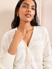 Love & Roses Ivory Pointelle V-Neck 100% Cotton Cardigan - Image 3 of 5