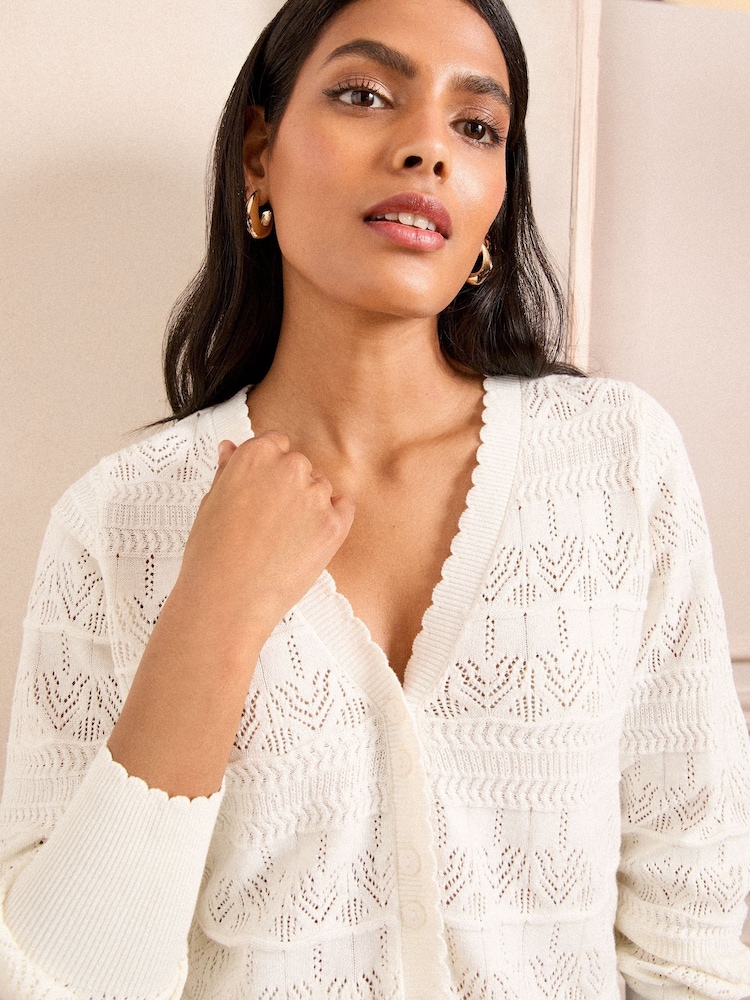 Love & Roses Ivory Pointelle V-Neck 100% Cotton Cardigan - Image 3 of 5