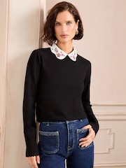 Love & Roses Black Embroidered Poplin Collar Fine Gauge Jumper - Image 1 of 5