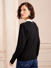 Love & Roses Black Embroidered Poplin Collar Fine Gauge Jumper - Image 2 of 5