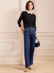 Love & Roses Black Embroidered Poplin Collar Fine Gauge Jumper - Image 3 of 5