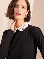 Love & Roses Black Embroidered Poplin Collar Fine Gauge Jumper - Image 4 of 5