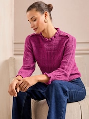 Love & Roses Pink Puff Sleeve Frill Neck Pointelle knitted jumper - Image 2 of 5