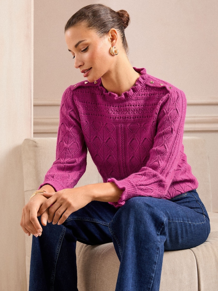 Love & Roses Pink Puff Sleeve Frill Neck Pointelle knitted jumper - Image 2 of 5