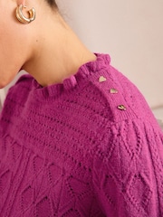 Love & Roses Pink Puff Sleeve Frill Neck Pointelle knitted jumper - Image 3 of 5