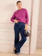 Love & Roses Pink Puff Sleeve Frill Neck Pointelle knitted jumper - Image 4 of 5