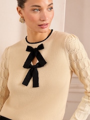 Love & Roses Ivory and Black Crew Neck Pointelle Sleeve Bow Jumper - Image 2 of 5