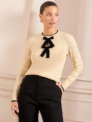 Love & Roses Ivory and Black Crew Neck Pointelle Sleeve Bow Jumper - Image 4 of 5