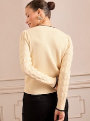 Love & Roses Ivory and Black Crew Neck Pointelle Sleeve Bow Jumper - Image 5 of 5