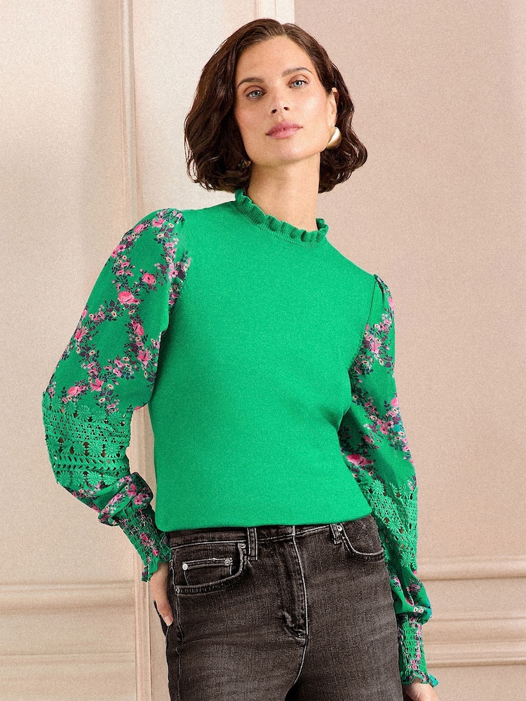 Love & Roses Green Floral Petite Woven Sleeve Frill Neck Finge Gauge Knitted Jumper - Image 1 of 4