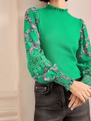 Love & Roses Green Floral Petite Woven Sleeve Frill Neck Finge Gauge Knitted Jumper - Image 2 of 4